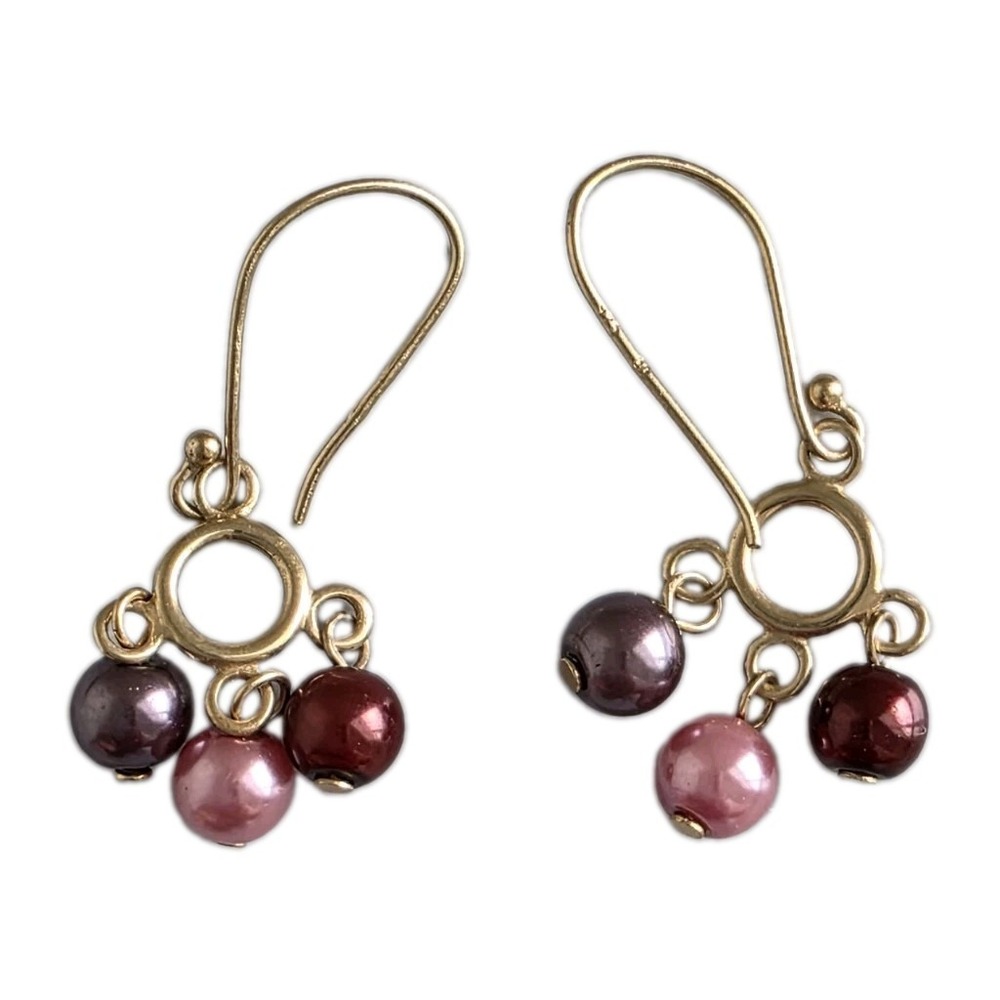 Sterling Silver 925 Gold Vermeil Faux Pearl Earrings Pink Purple Cluster 925